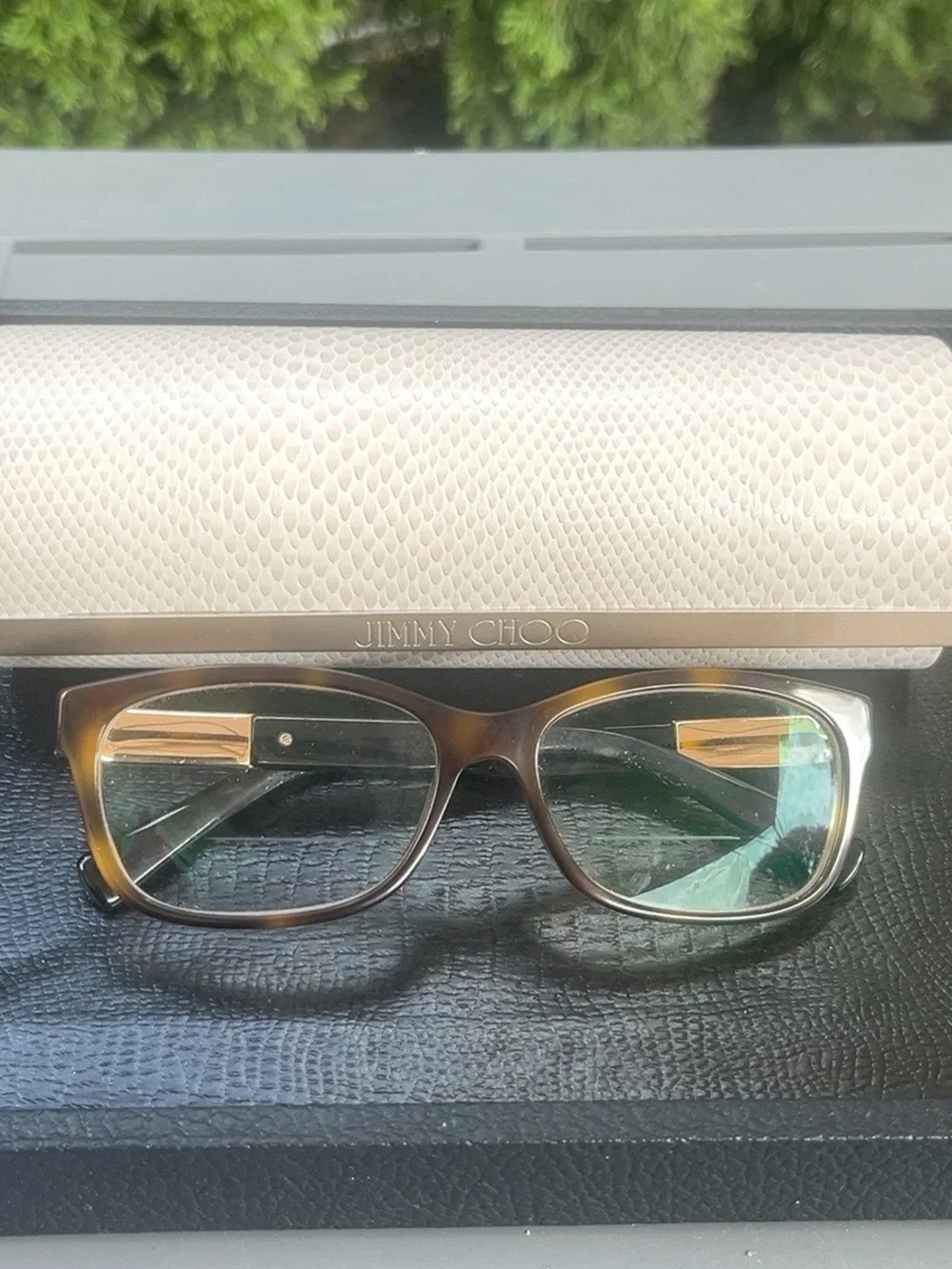 Jimmy Choo Brown Tortoise Eyeglasses w/ Crystal Gold Detail + Case